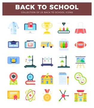 Back to school icons set featuring lab coat. computer. trophy. and school bus Stock Illustration