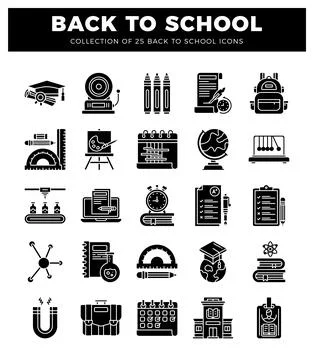 Back-to-school icons in silhouette on a white background. Ilustración de archivo