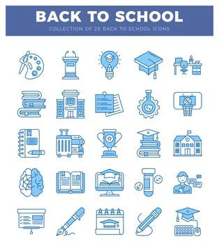 Back to school icons on a white background with blue outlines and a blue he.. Ilustración de archivo