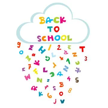 Back to school illustration with cloud and rain made of letters and numbers Stock Illustration