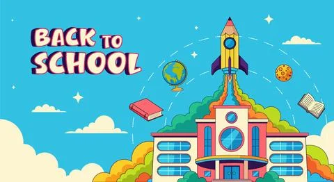 Back to School Illustration with Pencil Rocket and Schoolhouse Stock Illustration