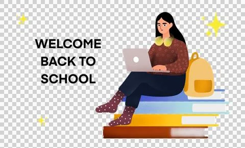 Back to school illustration, student using laptop on books Stock Illustration