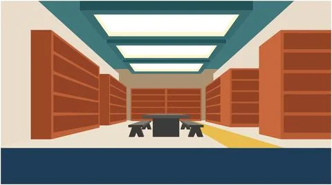Back to School Interior view of a modern library with wooden shelves and re.. Stock Illustration