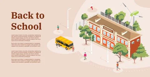 Back to school. Isometric school building with Wind turbine. Trees and Road.. Ilustración de archivo