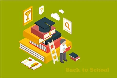 Back to school. Isometric vector design with stack books, ladder, square Stock Illustration