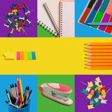 Back to school items on colorful background Stock Photos