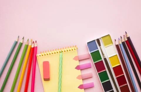 Back to school. Items for the school against pink background. Stock Photos