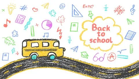 Back to School items sign with squiggle title and kindergarten items for kids in Stock Illustration