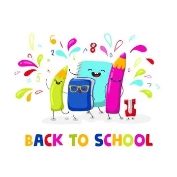 Back to school, kawaii characters. School illustrations. Vector EPS10. Stock Illustration
