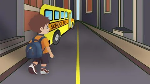 Back to school, Kid with backpack going to school, School bus kids Stock Illustration
