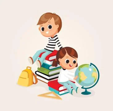 Back to school. Kid boy sitting on piles of books. Little girl looking at the Stock Illustration
