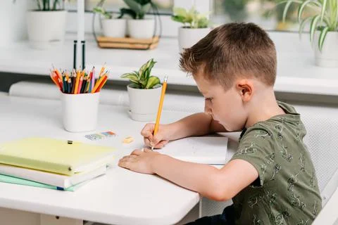 Back to school. Kid boy studying at home with book, writing in notepad and doing Stock Photos