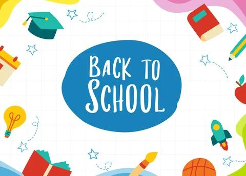 Back to school kids banner frame template with cute hand drawn education su.. Stock Illustration