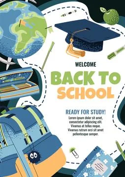 Back to School Kids Poster Template. Cute Backpack, globe, academic cap and Illustrazione stock