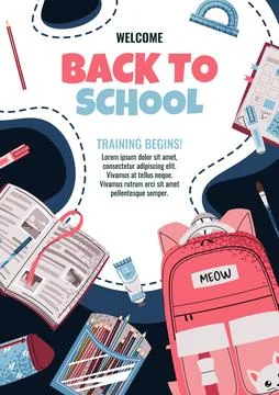 Back to School Kids Poster Template. Cute Backpack, book and School Supplies in Illustrazione stock