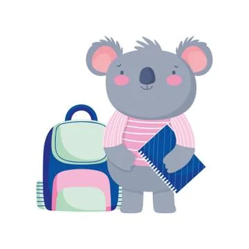 Back to school, koala backpack and book study cartoon Stock Illustration