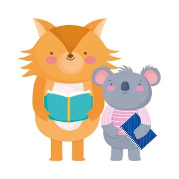 Back to school, koala reading book koala with notepad cartoon Stock Illustration
