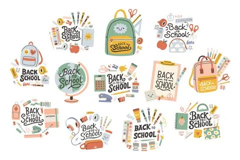 Back to school label set. School Background Poster Card. Sale tag. Flat vector Stock Illustration