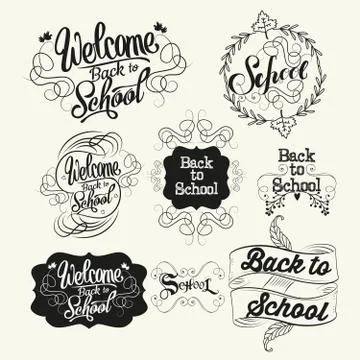 Back to school labels. Lettering and calligraphic design elements. Vector Stock Illustration