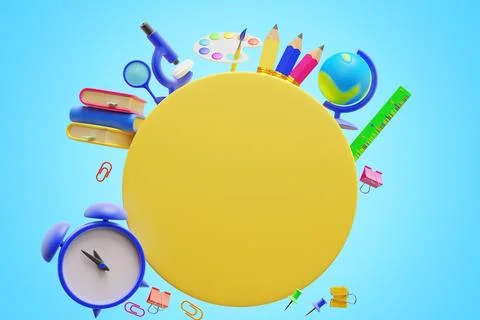 Back to school. Large empty circle surrounded by student learning elements Illustrazione stock