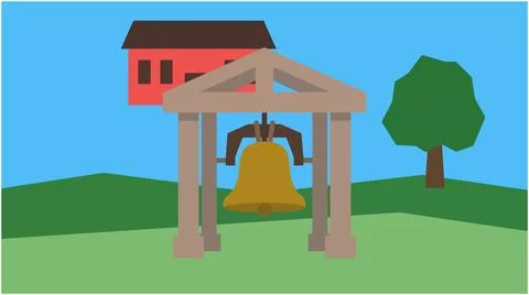 Back to School Large golden bell hanging in a stone structure with structur.. Stock Illustration
