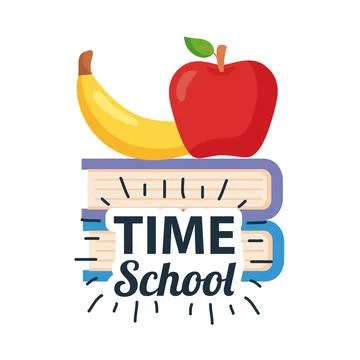 Back to school lettering with apple and banana over pile books Stock Illustration