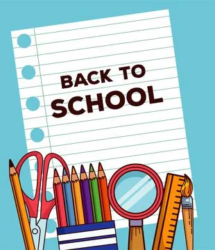 Back to school lettering in notebook sheet paper with supplies イラスト素材