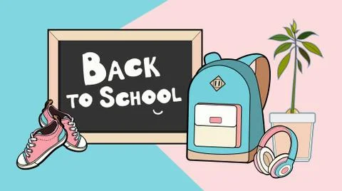Back to school lettering vector illustration. Backpack, chalkboard, sneakers and Stock Illustration
