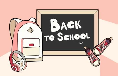 Back to school lettering vector illustration. Backpack, chalkboard, sneakers and Stock Illustration