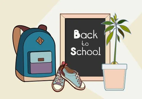 Back to school lettering vector illustration. Backpack, chalkboard, sneakers and Stock Illustration