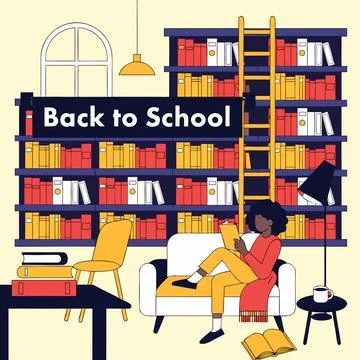 Back to school library scene with a student reading books in a cozy book Illustrazione stock