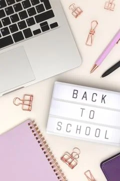 Back to school. Lightbox, laptop and office supplies on a gray background. Stock Photos