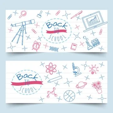 Back to school line art on notebook paper banners Illustrazione stock