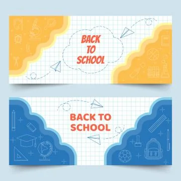 Back to school line elements on grid paper banners Stock Illustration
