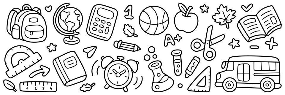 Back to School line icon set. Backpack, globe, calculator, books, pencil, ruler イラスト素材