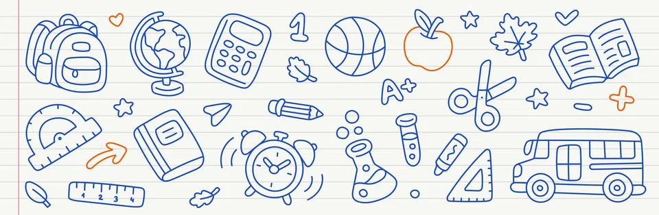 Back to School line icon set. Backpack, globe, calculator, books, pencil, ruler Stock Illustration