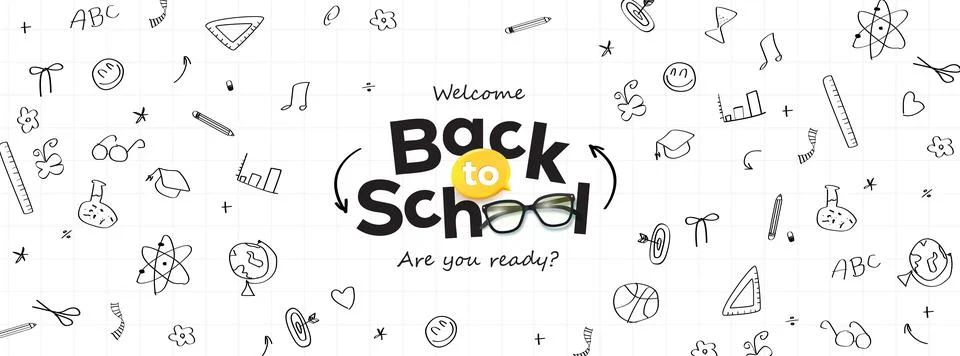 Back to school on lined paper background layout decorate with school suppli.. Stock Illustration