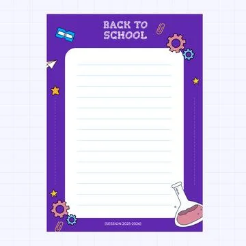Back to School Lined Paper Template with Purple Border and Educational Suppli Stock Illustration