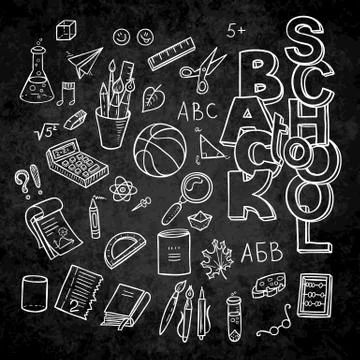 Back to School lined supplies collection. Sketchy notebook doodles set with l Illustrazione stock