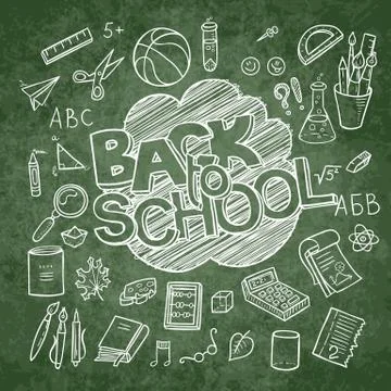 Back to School lined supplies collection. Sketchy notebook doodles set with l Illustrazione stock