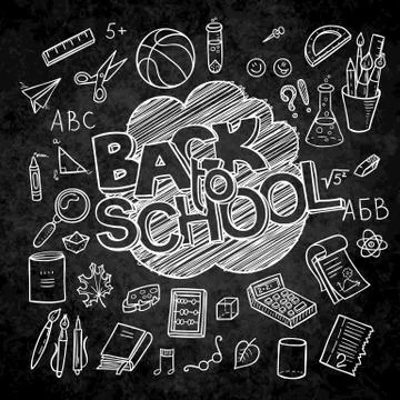 Back to School lined supplies collection. Sketchy notebook doodles set with l Illustrazione stock