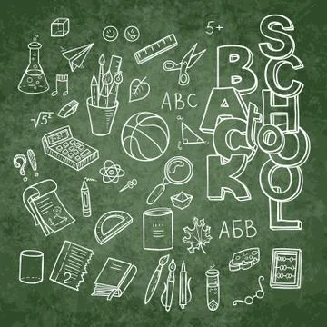 Back to School lined supplies collection. Sketchy notebook doodles set with l Illustrazione stock