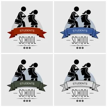 Back to school logo design. Vector artwork of small children walking with sch Stock Illustration