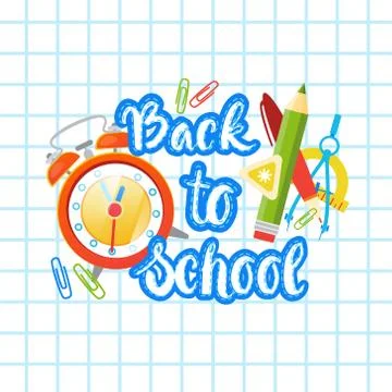 Back To School Logo Text On Notebook Background With Studing Supplies Stock Illustration