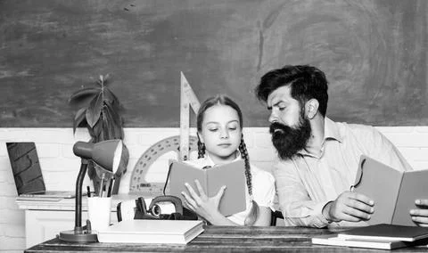 Back to school. math geometry. biology chemistry lesson. father and daughter Stock Photos