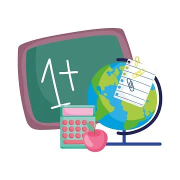 Back to school, maths example chalkboard globe map calculator apple Stock Illustration