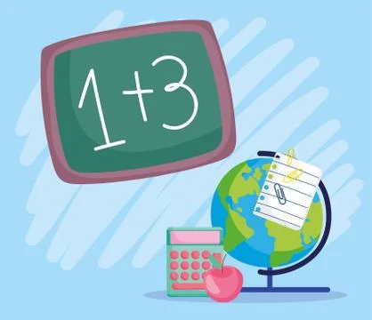 Back to school, maths example chalkboard globe map calculator apple Stock Illustration
