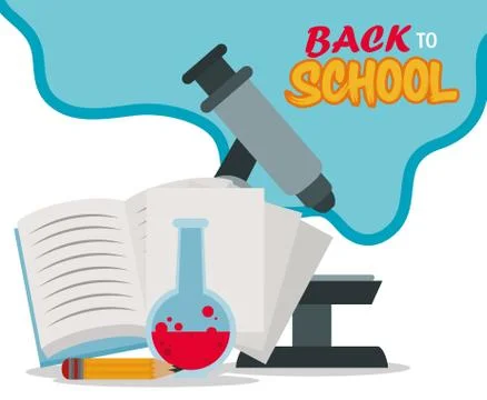 Back to school, microscope book pencil and laboratory flask elementary education Illustrazione stock