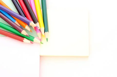 Back to school, minimal background, pile of colored pencils Stock Photos