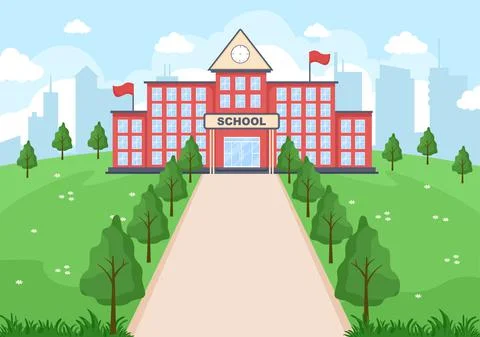 Back To School, Modern Building and View Front Yard With Green Grass And Tree Ilustración de archivo